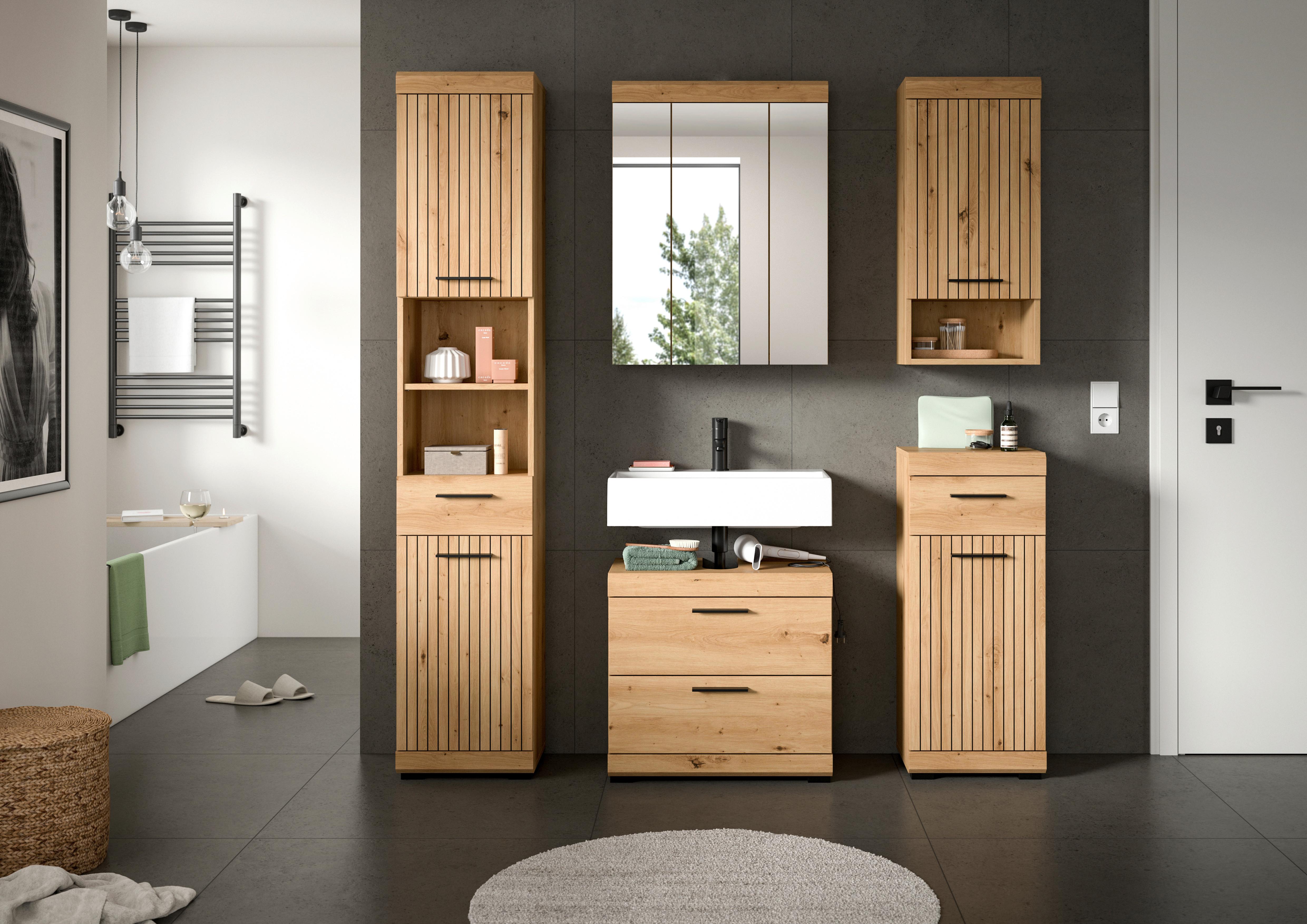 Badezimmer Scout Eiche Artisan Dekor B: 134cm - Schwarz/Eiche Artisan, Trend, Glas/Holzwerkstoff (134cm) - MID.YOU