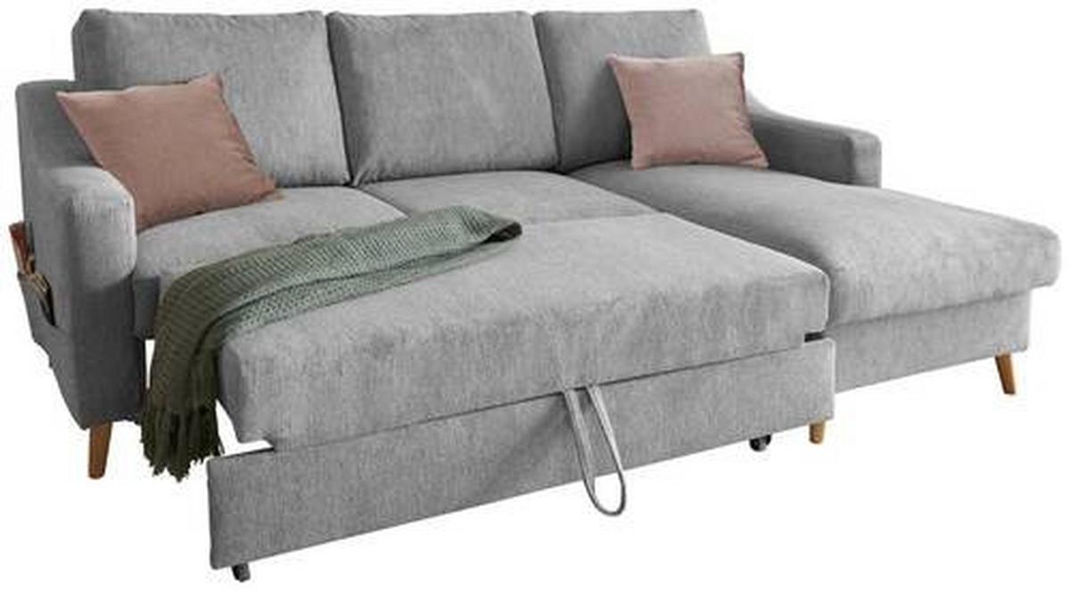 Ecksofa mit Bettkasten Valentina Grau Massiv - Dunkelrosa/Naturfarben, Design, Textil (228/150cm) - MID.YOU