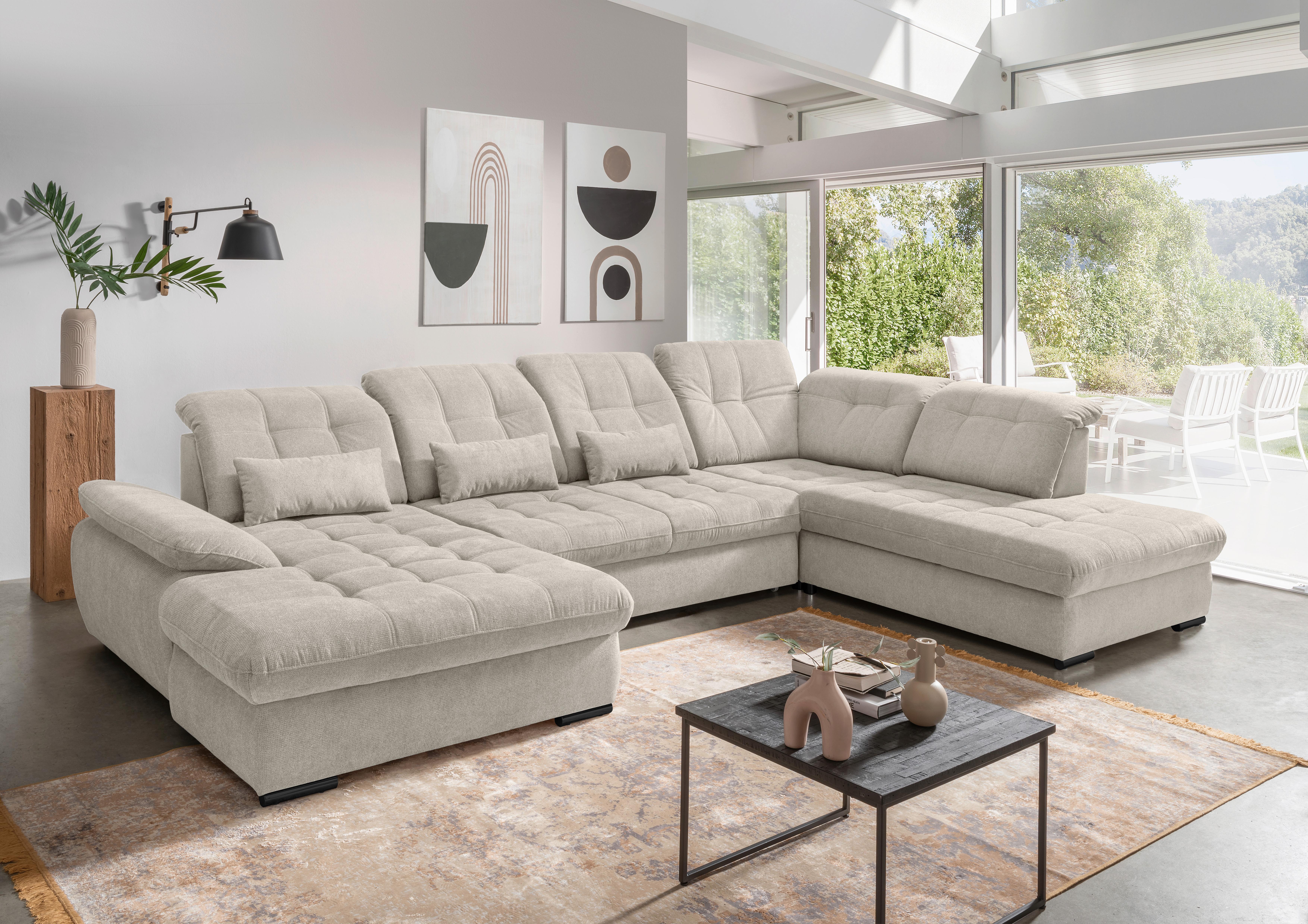 Wohnlandschaft mit Bettkasten Rigatti Beige B: 387 cm - Beige/Schwarz, MODERN, Textil (184/387/252cm) - Livetastic