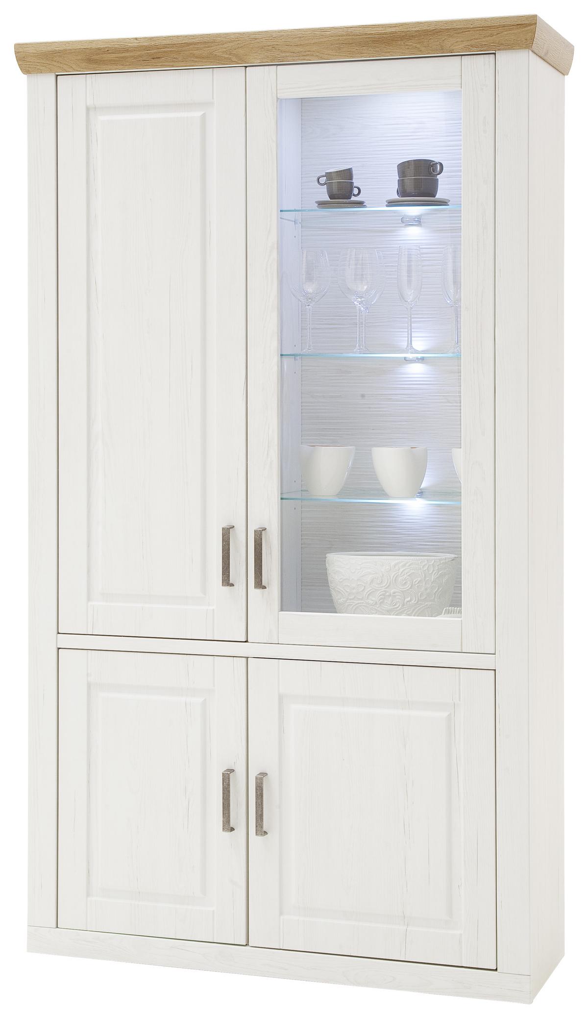 Große Vitrine im Landhausstil mit einer verglasten Tür und nickelfarbenen Bügelgriffen