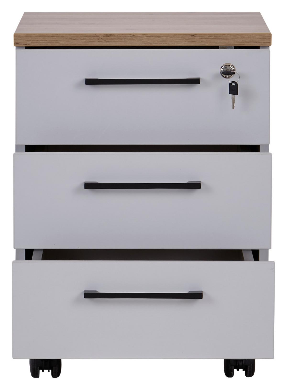 Görgős Konténer Kontor - tölgyfa/szürke, Modern, faalapú anyag (43/58.4/55.3cm)