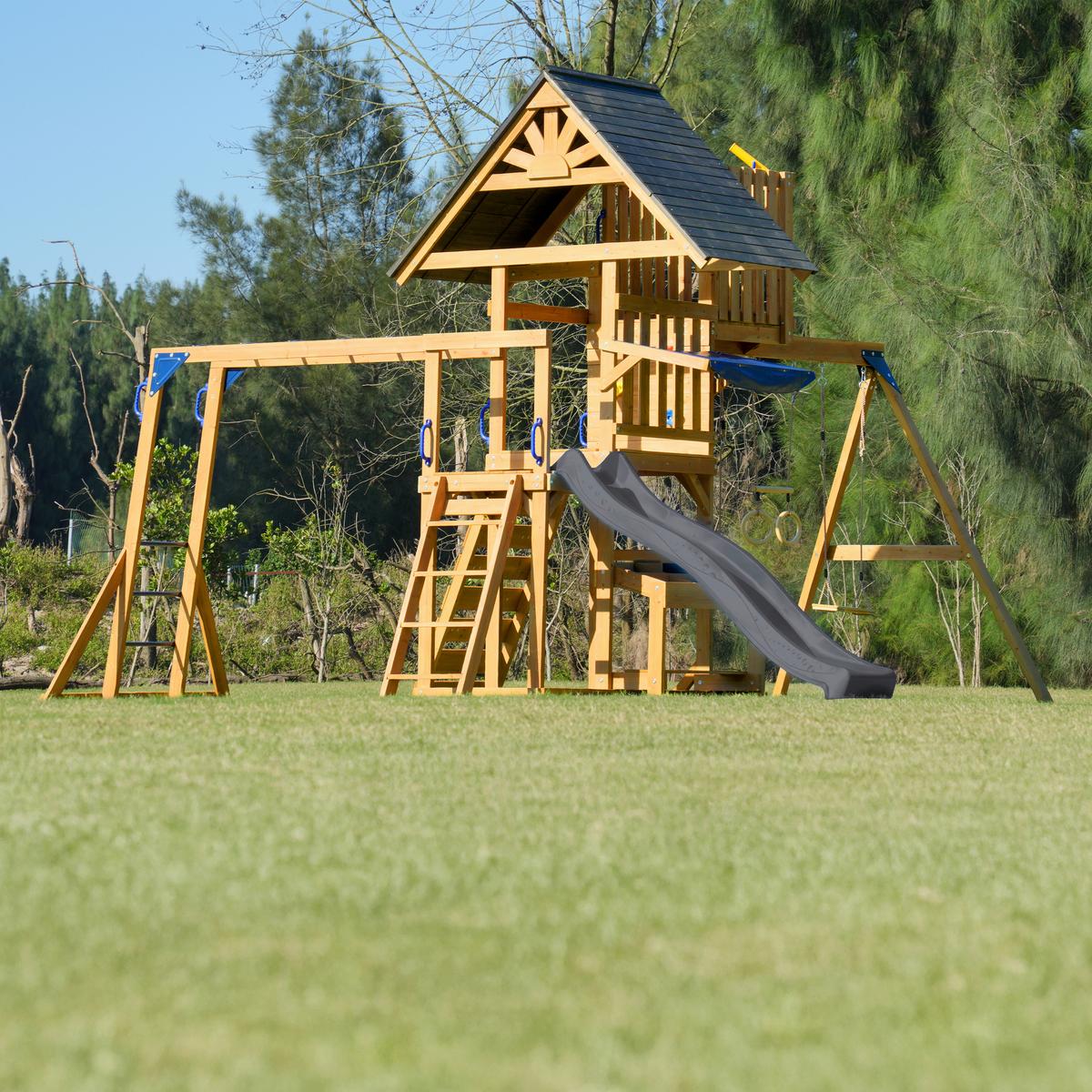 Spielturm Mit Rutsche Grau - Anthrazit/Braun, Basics, Holz/Kunststoff (482/500/338cm) - Ambia Garden