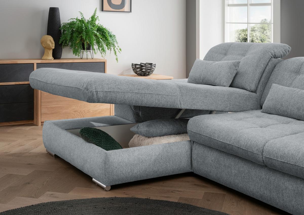 Ecksofa mit Bettkasten Rigatti Silberfarben 184x314cm - Chromfarben/Anthrazit, MODERN, Textil (184/314cm) - Livetastic