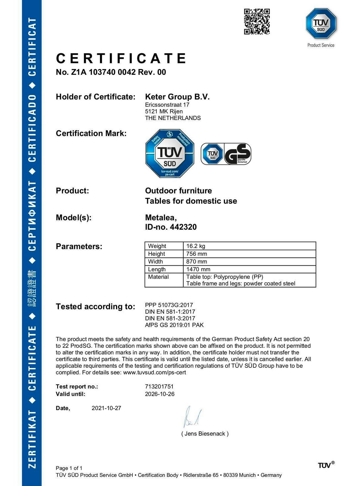 Gartentisch Metalea Table Metall L: 146 cm - Schwarz, Basics, Kunststoff/Metall (146/75/87cm) - Keter