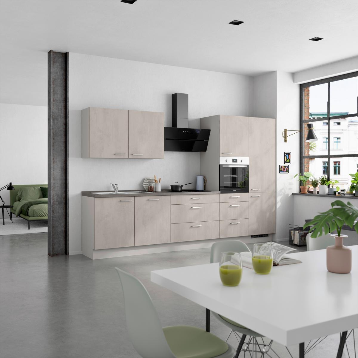 Kuchynská linka 330 cm, šedý betón/ kamenná šedá - sivá/farba ušľachtilej ocele, Modern, kov/kompozitné drevo (330cm) - Nobilia