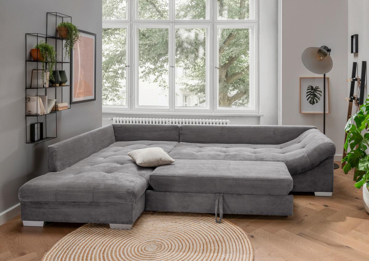 Rohová sedačka ALVITO, ľavá, sivý menčester - sivá/strieborná, Design, drevo/textil (202/298cm) - MID.YOU