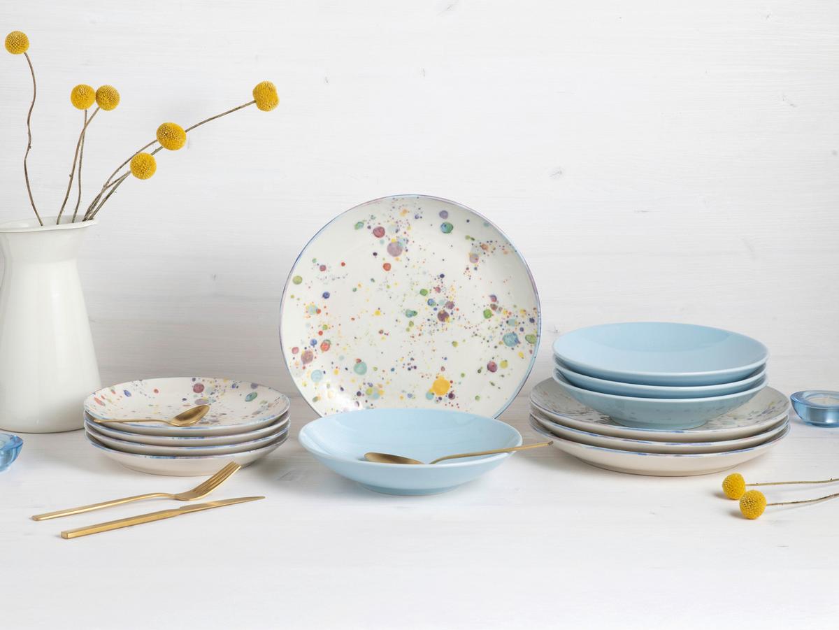 Tafelservice Candy Drop Bunt Weiß, Hellblau 12--Teilig - Weiß/Hellblau, Basics, Keramik - Creatable