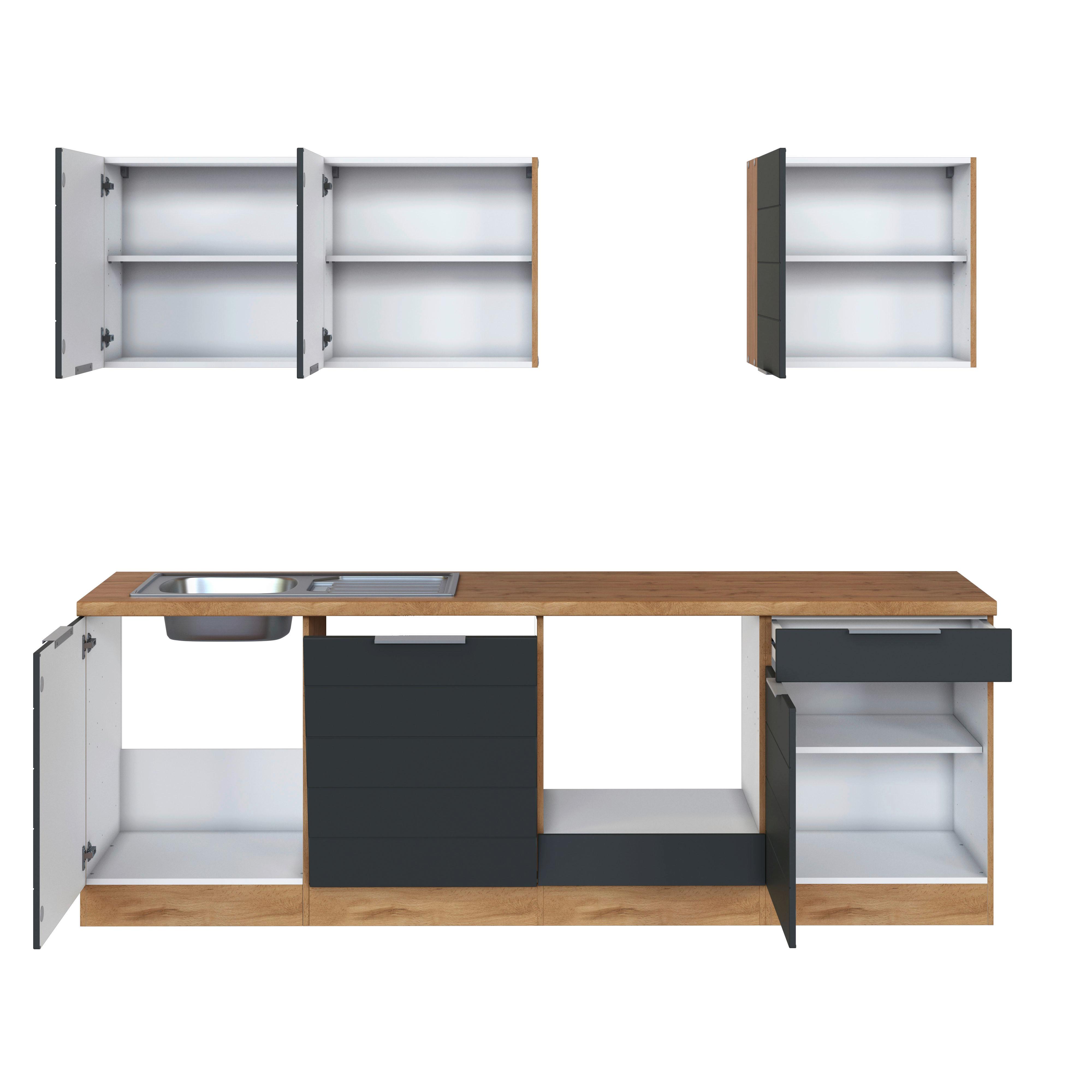 Küchenzeile Florenz ohne Geräte 240 cm Grau/Eichefarben - Eiche Wotan/Grau, Design, Holzwerkstoff (240cm) - Held