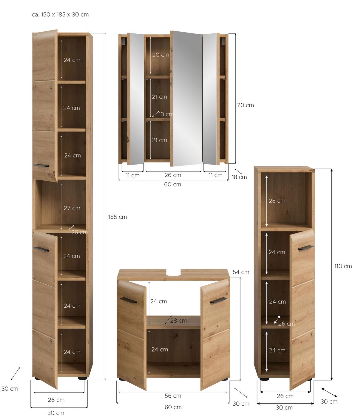 Badezimmer Ice Eiche Artisan Dekor B: 150cm - Schwarz/Eiche Artisan, Basics, Holzwerkstoff (150cm) - MID.YOU