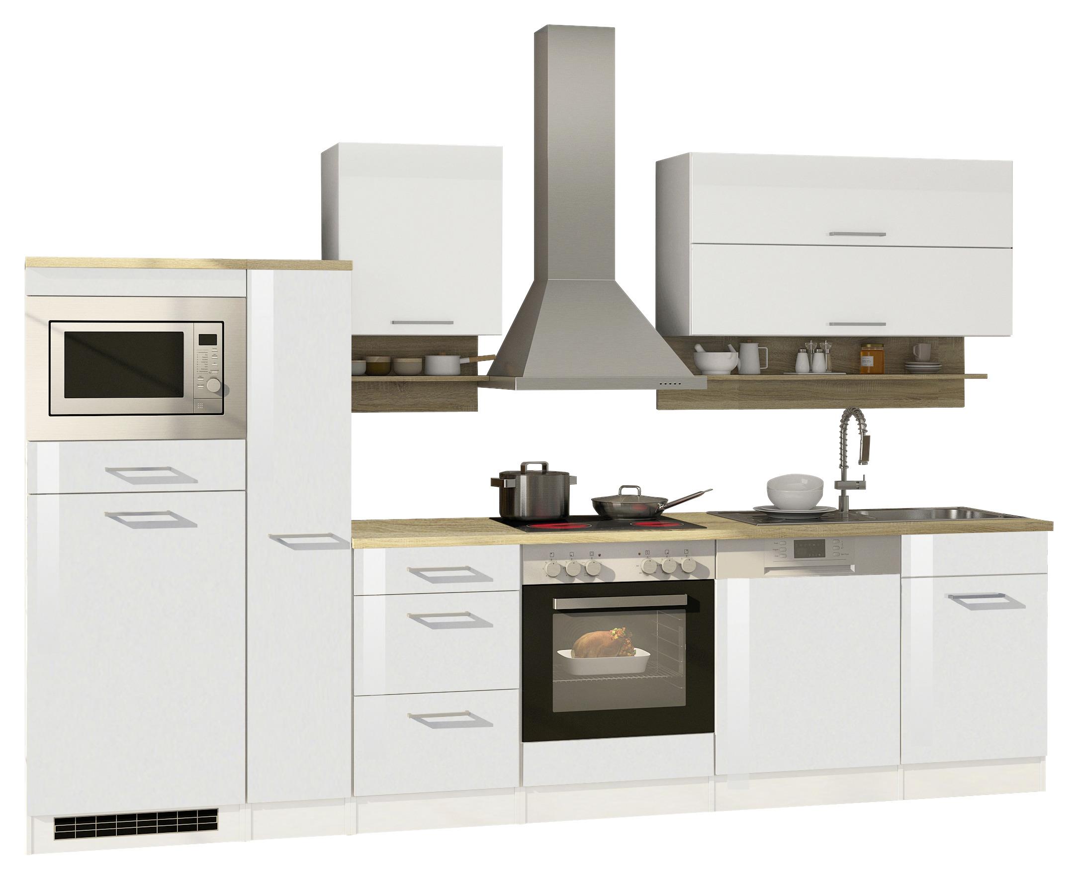 Küchenzeile Mailand mit Geräten 310 cm Weiß Hochglanz - Eichefarben/Weiß, MODERN, Holzwerkstoff (310cm) - MID.YOU