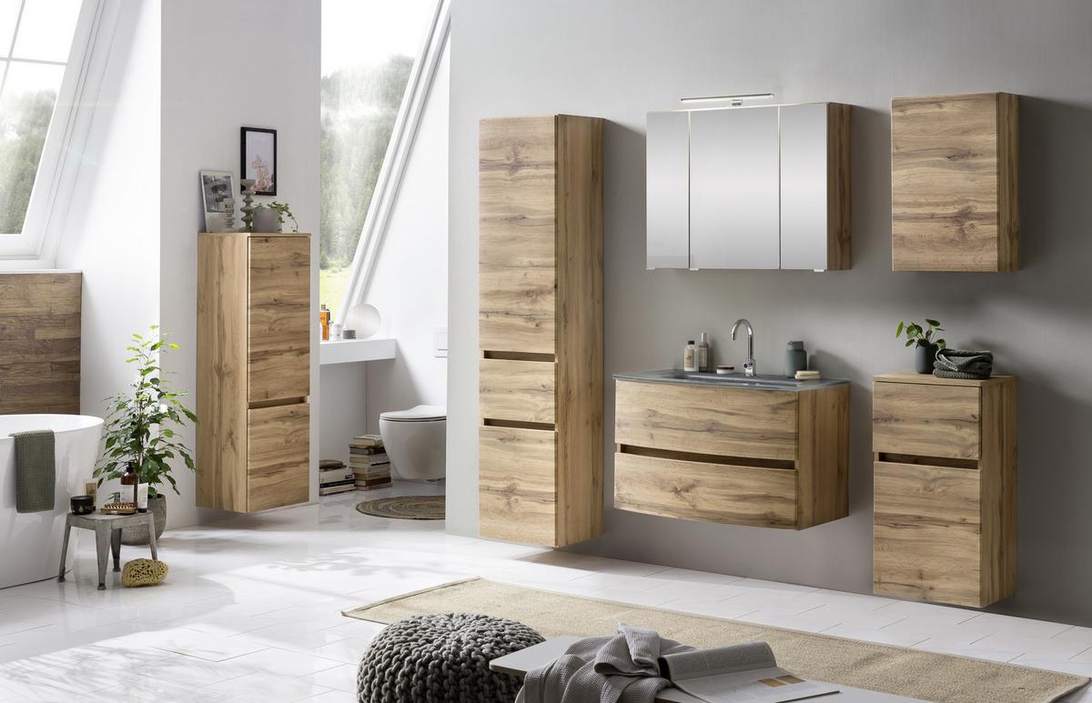 Waschbecken mit Unterschrank Kopenhagen B: 80cm Eiche Dekor - Eichefarben/Grau, KONVENTIONELL, Glas/Holzwerkstoff (80cm) - Held