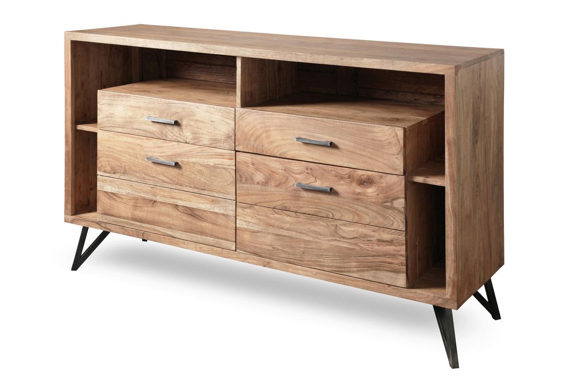 Kommode Indira Akazie Massiv, B: 145 cm - Schwarz/Akaziefarben, ROMANTIK / LANDHAUS, Holz (145/94/40cm)