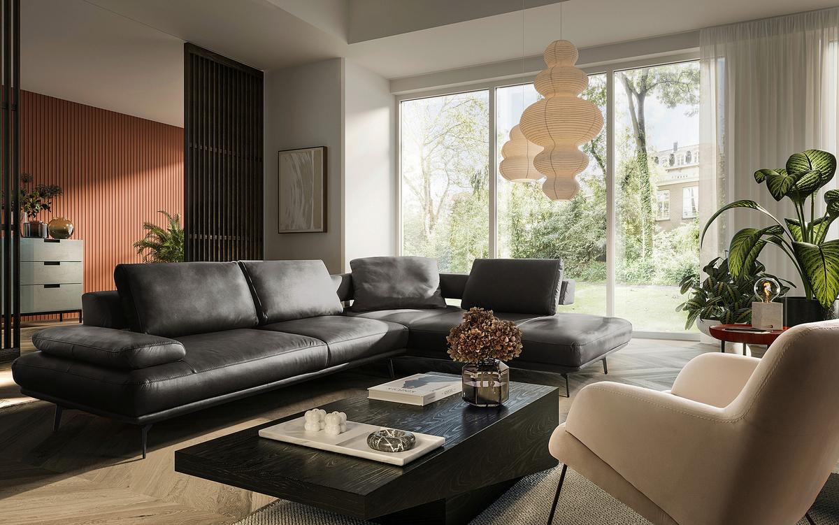 Ecksofa Como Echtleder Anthrazit 306x237 - Anthrazit/Schwarz, Design, Leder (306/237cm) - Livetastic