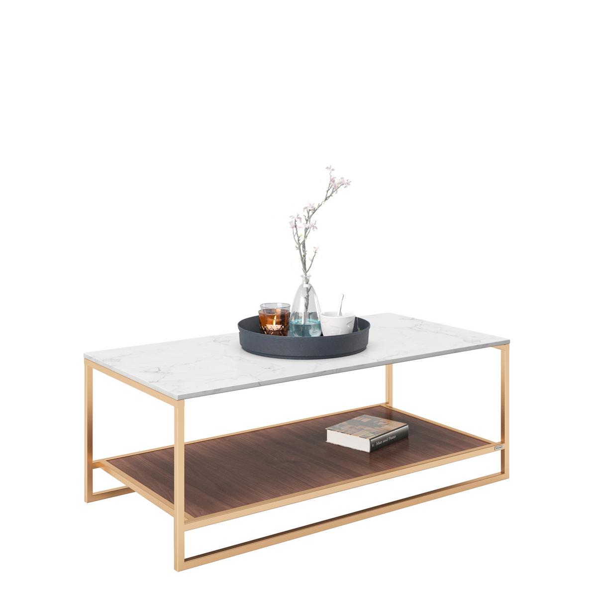 Couchtisch mit Ablagefläche Olivia, Weiß/Braun/Gold - Goldfarben/Nussbaumfarben, KONVENTIONELL, Holzwerkstoff/Metall (120/60/45cm) - Playboy