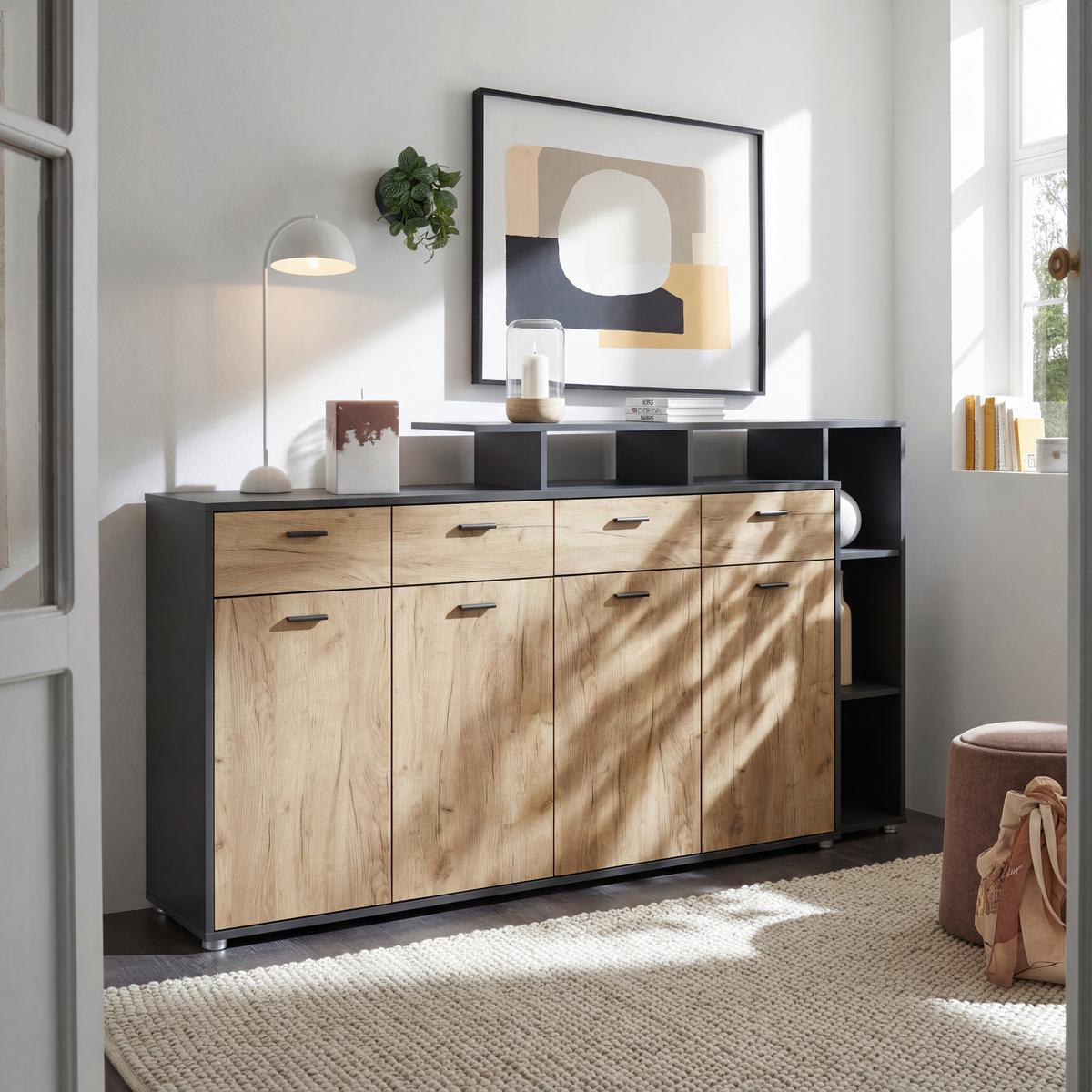 Kommode mit Aufsatz B 190cm Tom, Eiche Dekor/Anthrazit - Anthrazit/Eiche Artisan, MODERN, Holz (190/105/40cm)