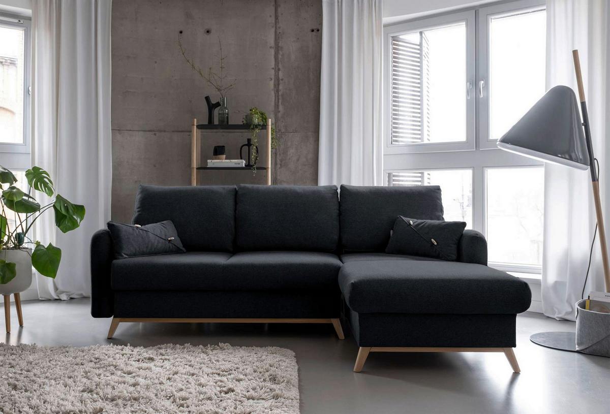 Sedačka LUCILE S, pravá, tm.sivá, úl.priestor a lôžko - prírodná farba/tmavosivá, drevo/textil (235/157cm) - MID.YOU