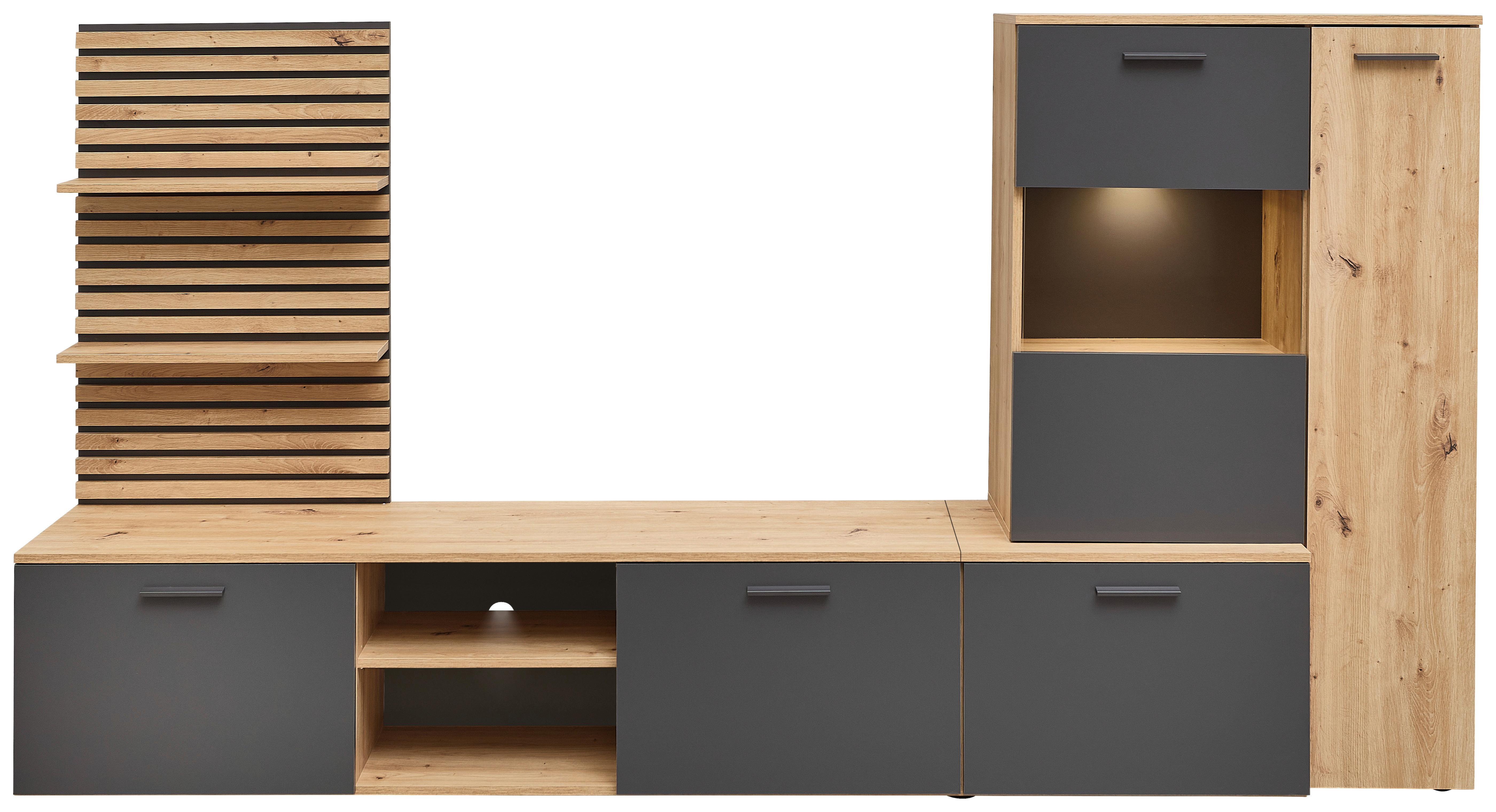 Wohnwand Heathrow, Anthrazit, Eiche Artisan Dekor,b: 250 cm - Anthrazit/Schwarz, Design, Glas/Holzwerkstoff (250/135/38cm) - MID.YOU