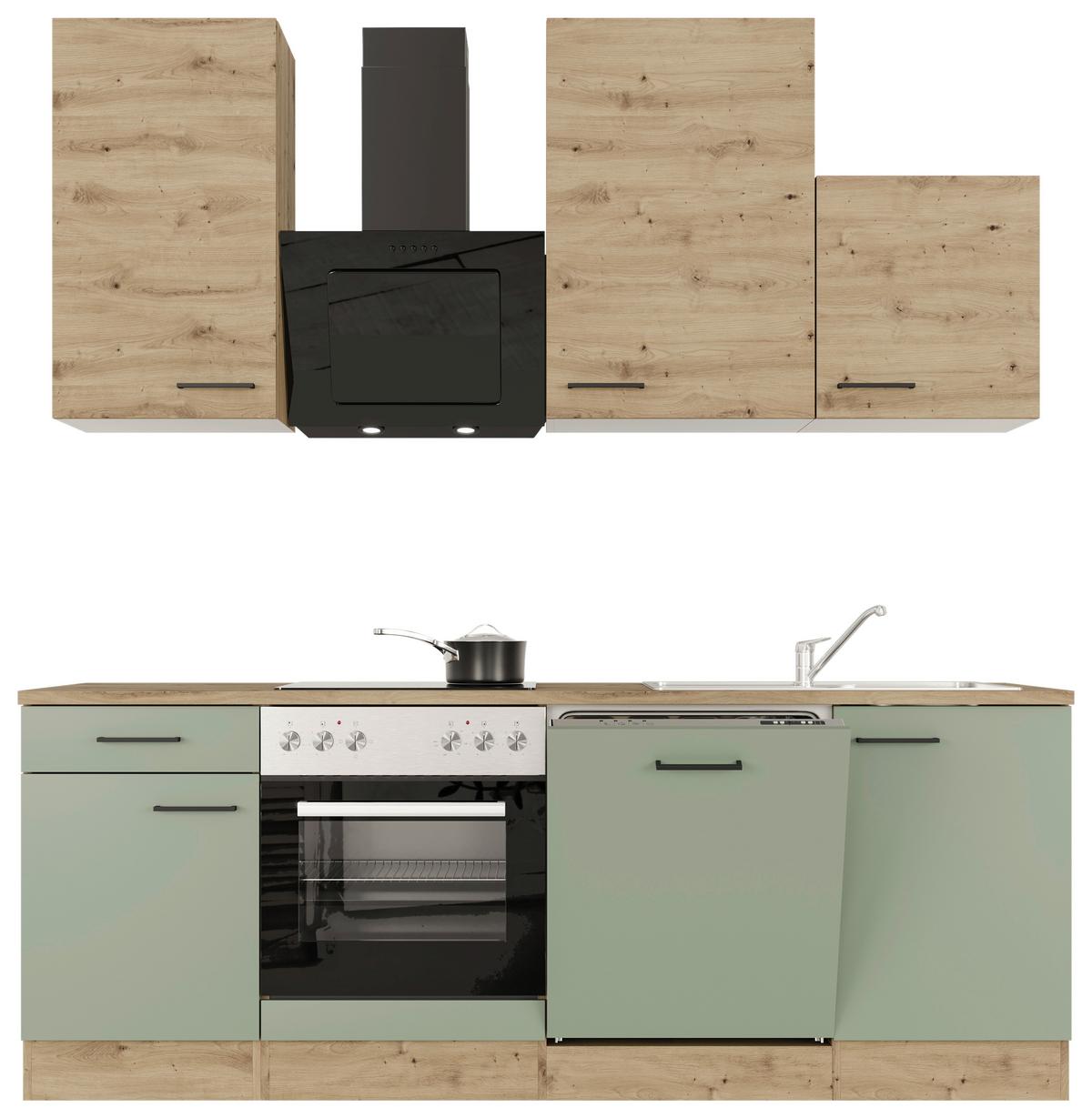 Kuchynský blok CARA bez spotrebičov, šírka 220 cm - čierna/zelená, Konventionell, kov/kompozitné drevo (220/234/60cm)