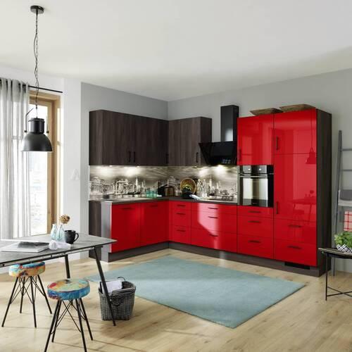 Eckküche Ip4050 Ohne Geräte 185x320 Cm Rot Hgl/eiche - Eiche dunkel/Rot, Basics (185/320cm) - Impuls