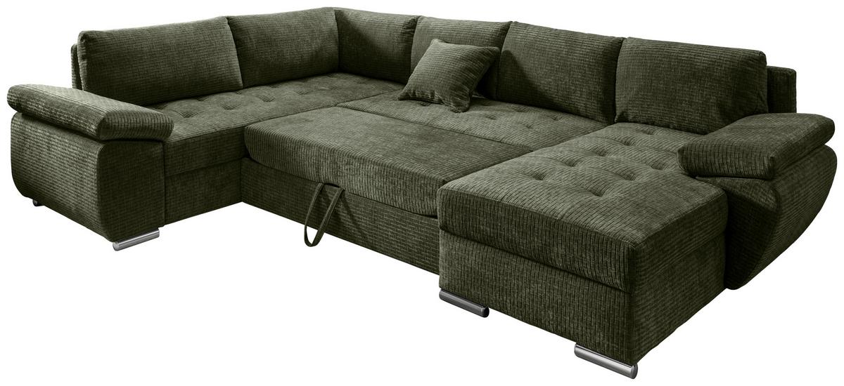 Wohnlandschaft Terana Olivgrün mit Schlaffunktion, Mikrofaser - Chromfarben/Olivgrün, KONVENTIONELL, Textil (219/305/157cm) - Livetastic