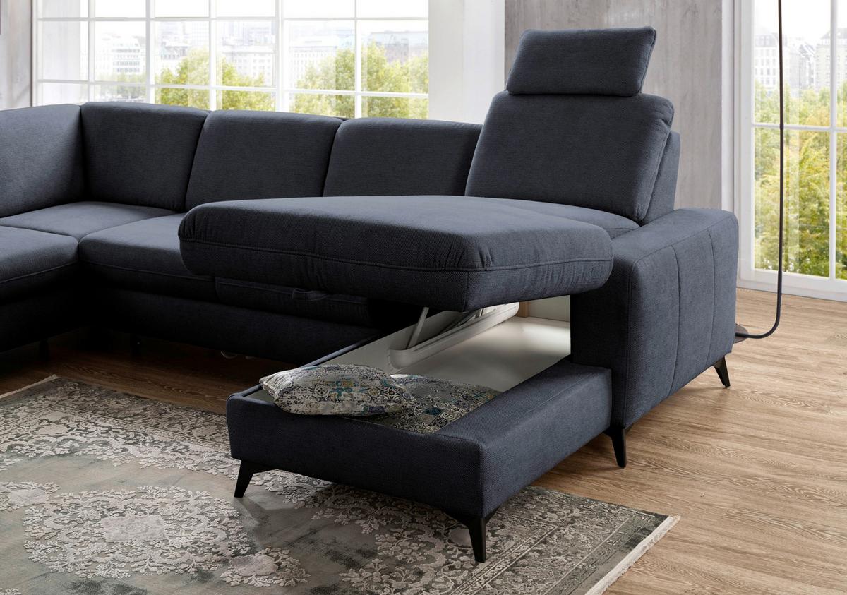 Sedačka U LOLLAND, levá, tmavě modrá, s funkcemi - černá/tmavě modrá, Moderní, kov/textil (212/303/162cm)