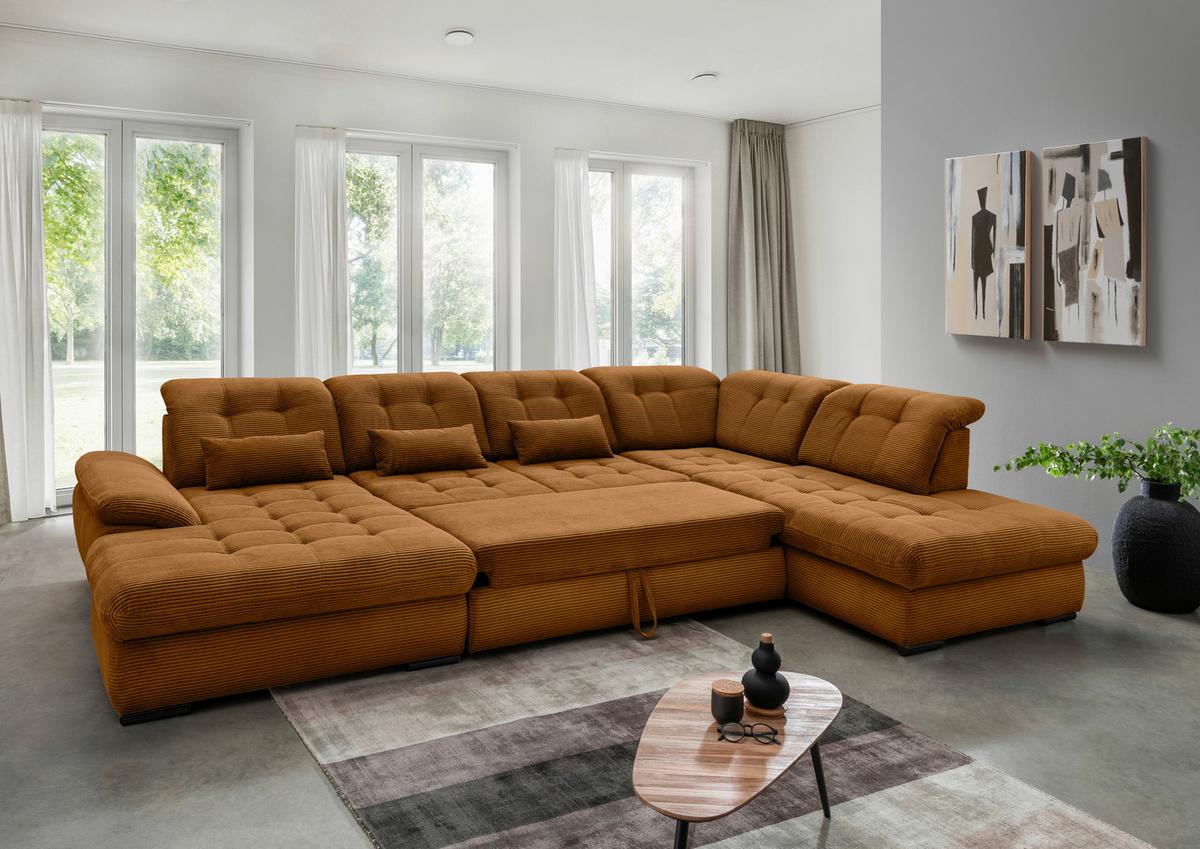 Wohnlandschaft mit Bettkasten Rigatti Goldfarben B: 387 cm - Goldfarben/Schwarz, MODERN, Textil (184/387/252cm) - Livetastic