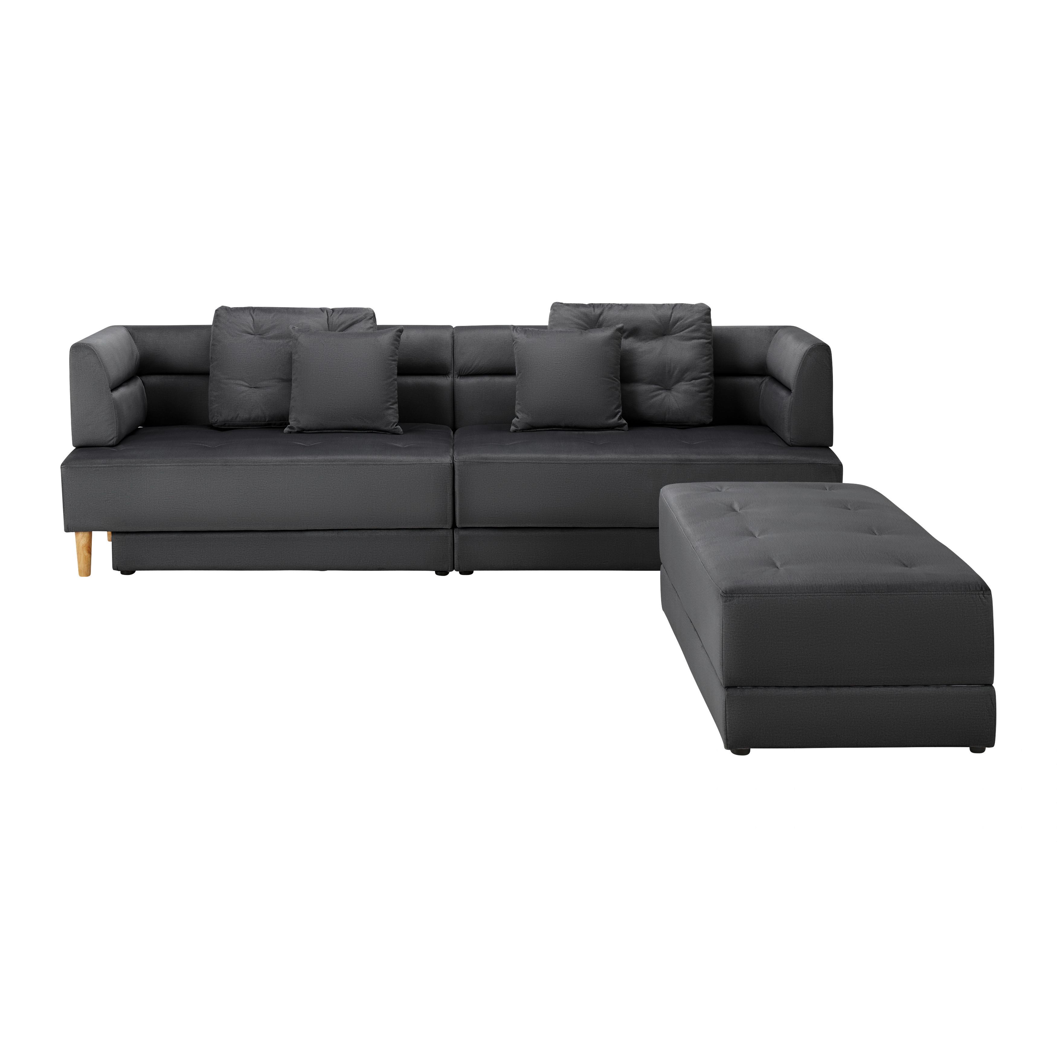 Zamatová pohovka s taburetkou ELIZA, tmavosivá - čierna/prírodná farba, Modern, drevo/textil (260/75/210cm) - Bessagi Home