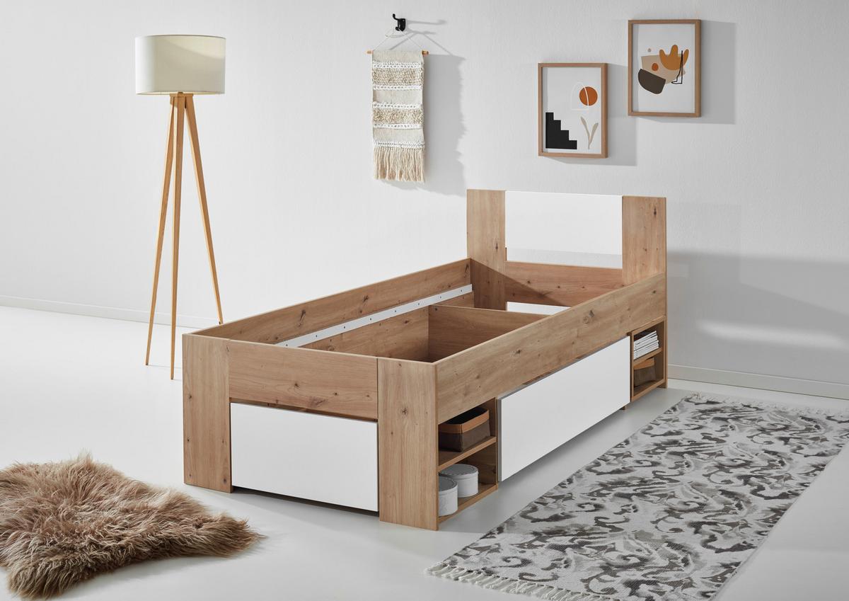 Stauraumbett mit Bettladen 90x 200cm Azurro Weiß/Eiche - Eiche Artisan/Weiß, MODERN, Holzwerkstoff (90/200cm)
