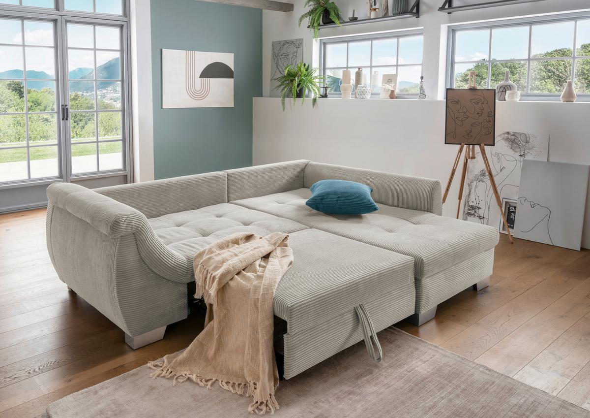 Ecksofa mit Schlaffunktion Flora Silberfarben Cord - Silberfarben/Petrol, Design, Textil (250/190cm) - MID.YOU