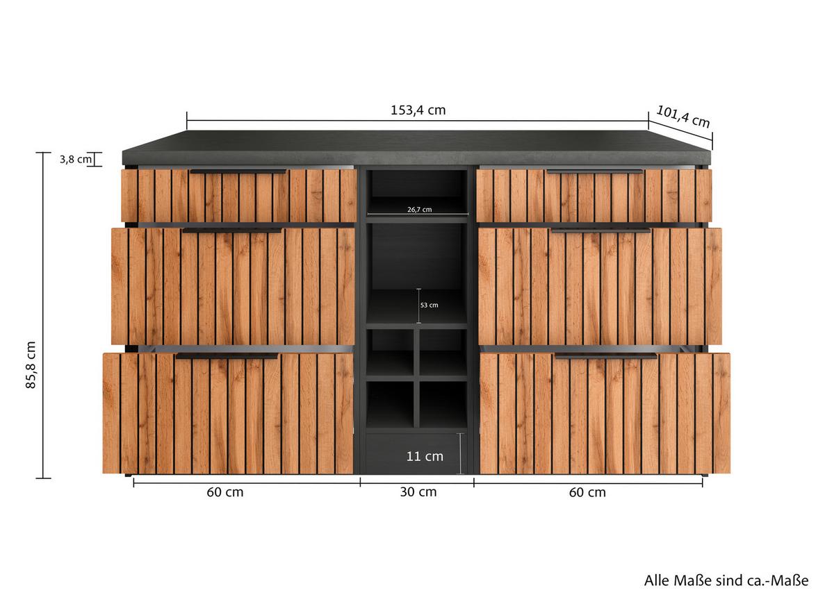 Kücheninsel Liverpool Graphit, Eiche Dekor B: 153 cm - Schieferfarben/Eiche Wotan, Basics, Holzwerkstoff (153/86/101cm) - Held
