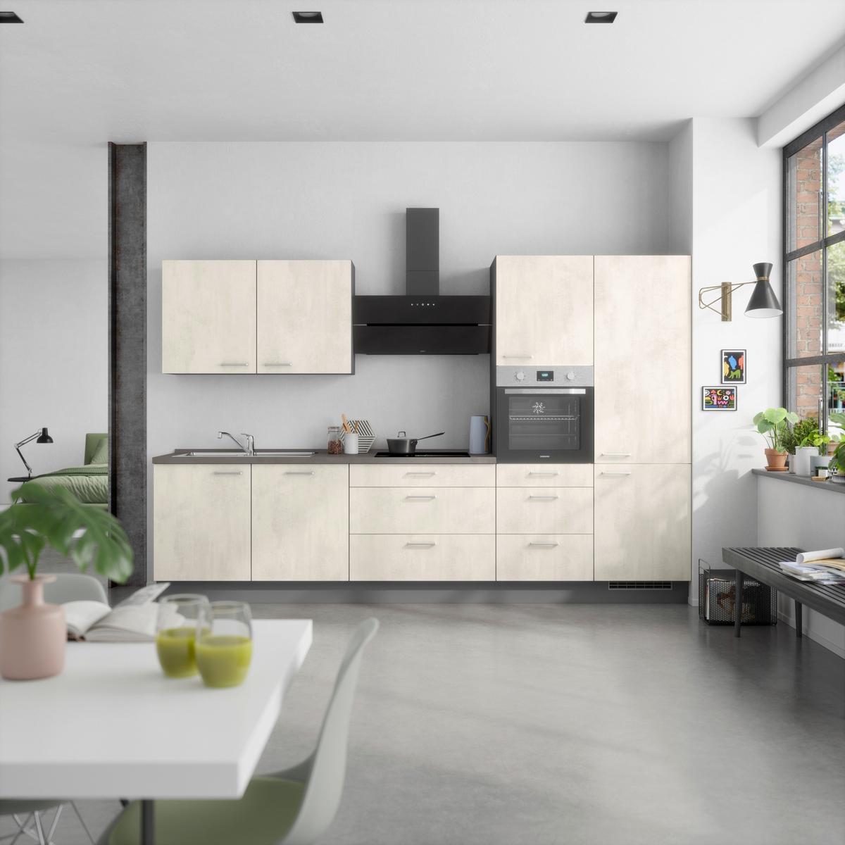 Kuchynská linka 330CM biely betón/ bridlicová šedá - biela/farba ušľachtilej ocele, Modern, kov/kompozitné drevo (330cm) - Nobilia