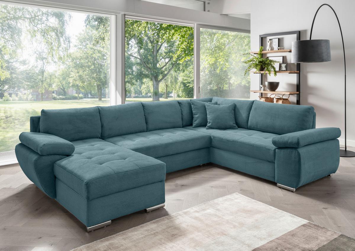 Wohnlandschaft Terana mit Schlaffunktion, Petrol - Chromfarben/Petrol, KONVENTIONELL, Textil (157/305/219cm) - Livetastic