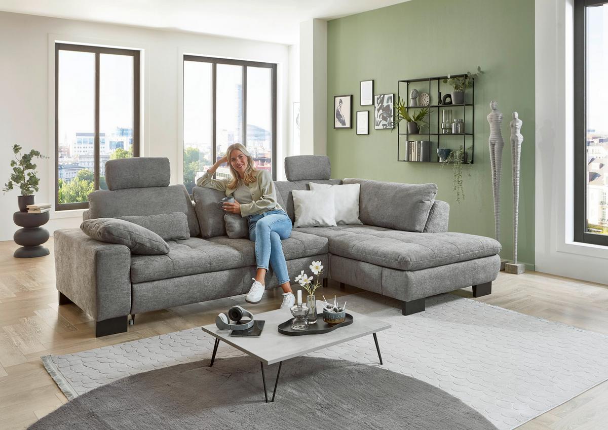 Rohová sedačka LANDO, pravá, šedá žinylka, s funkcemi - šedá/černá, Moderní, kov/textil (289/197cm) - Premium Living