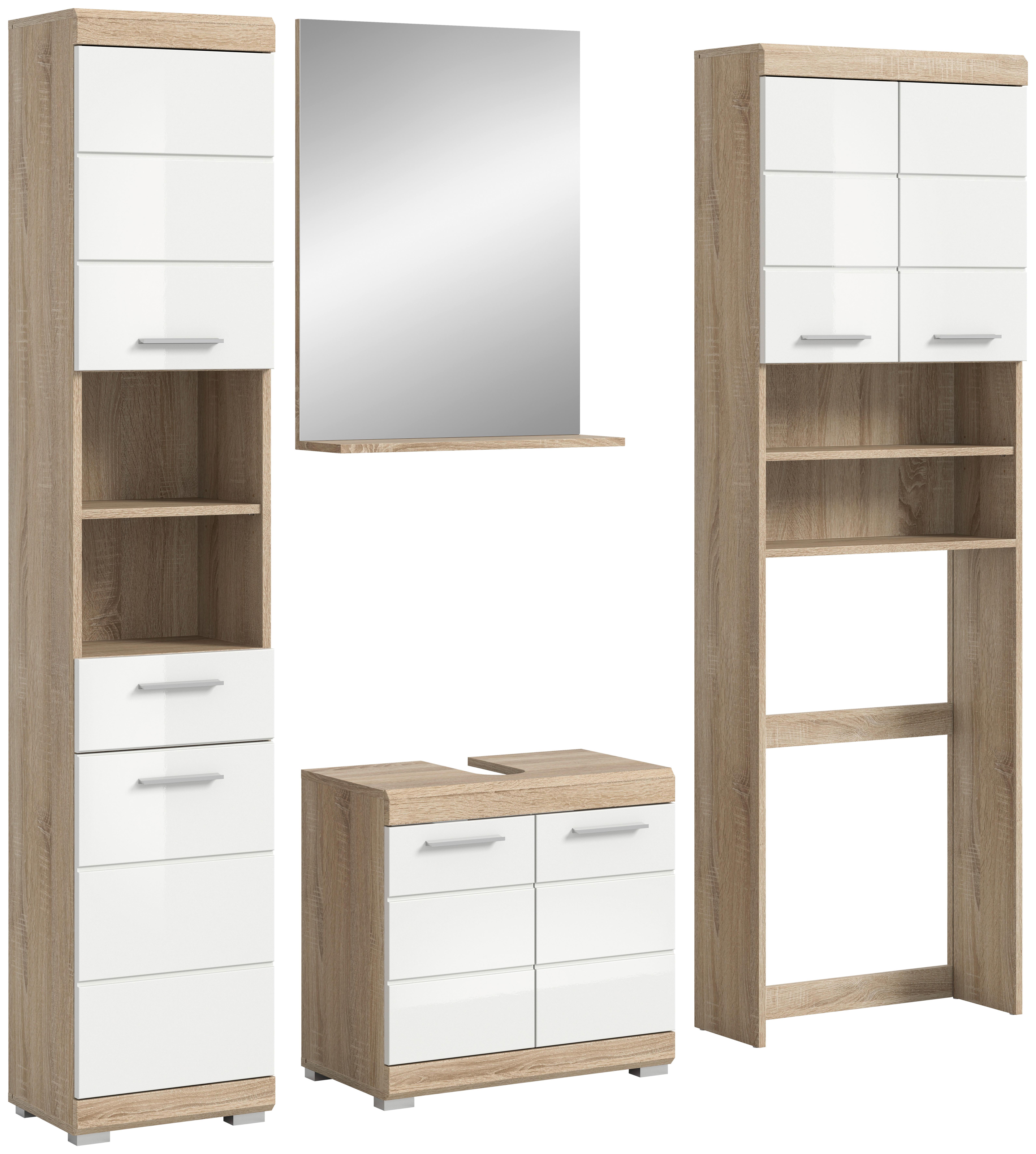 Badezimmer Lambada Eiche Dekor/weiß B: 160 Cm - Weiß Hochglanz/Silberfarben, MODERN, Glas/Holzwerkstoff (160cm) - MID.YOU