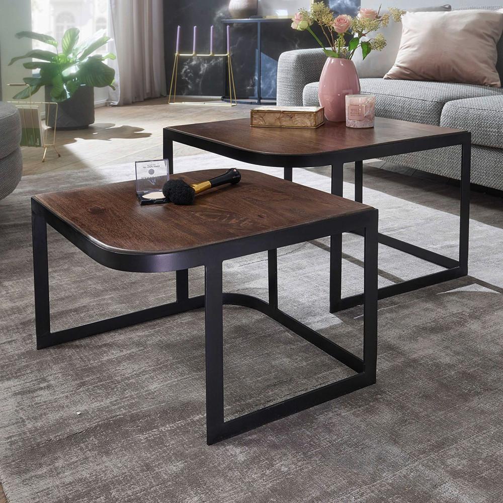 Sada konferenčných stolíkov WOHNLING tmavohnedá - čierna/tmavohnedá, Modern, kov/drevo (60/60/40cm) - MID.YOU