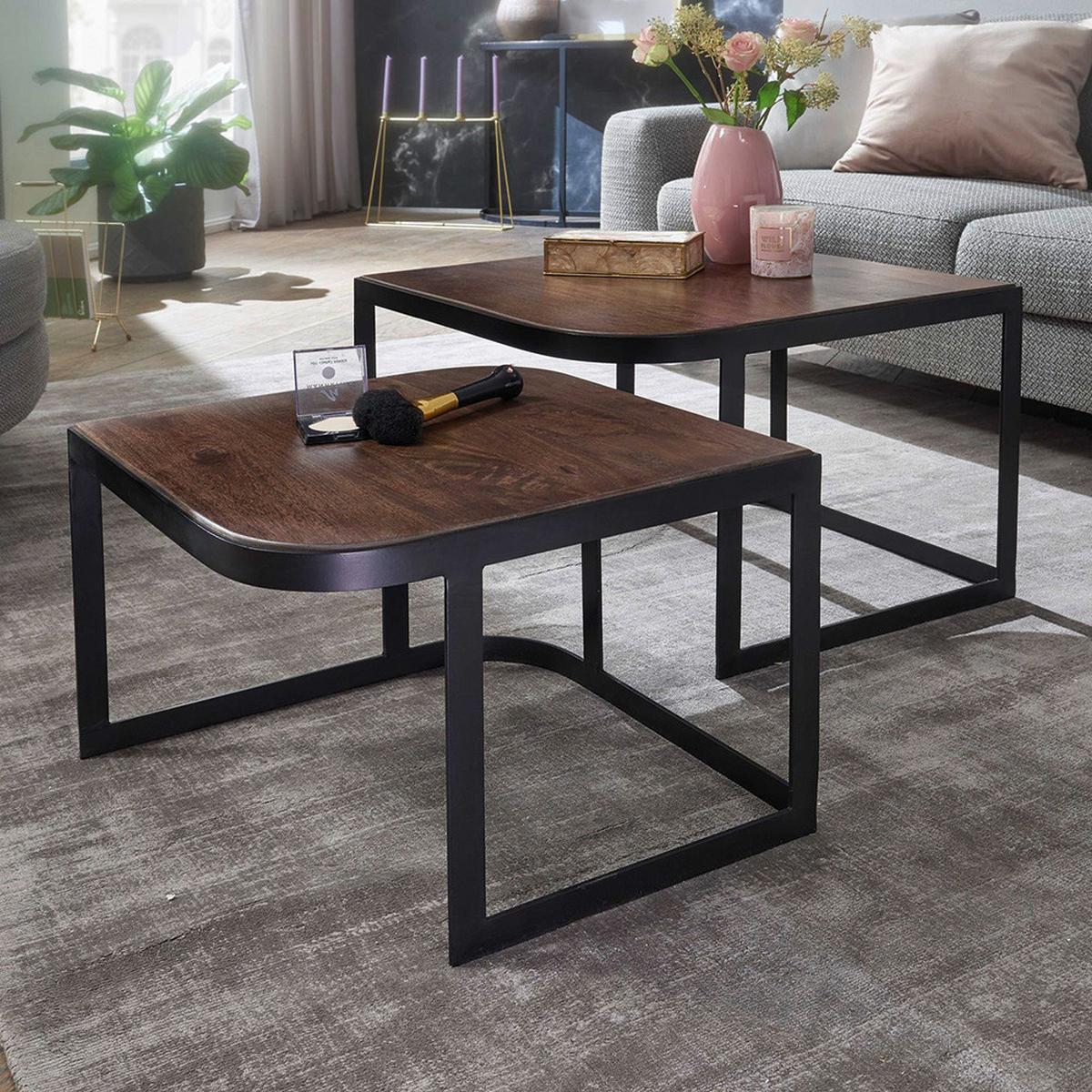 Sada konferenčných stolíkov WOHNLING tmavohnedá - čierna/tmavohnedá, Modern, kov/drevo (60/60/40cm) - MID.YOU
