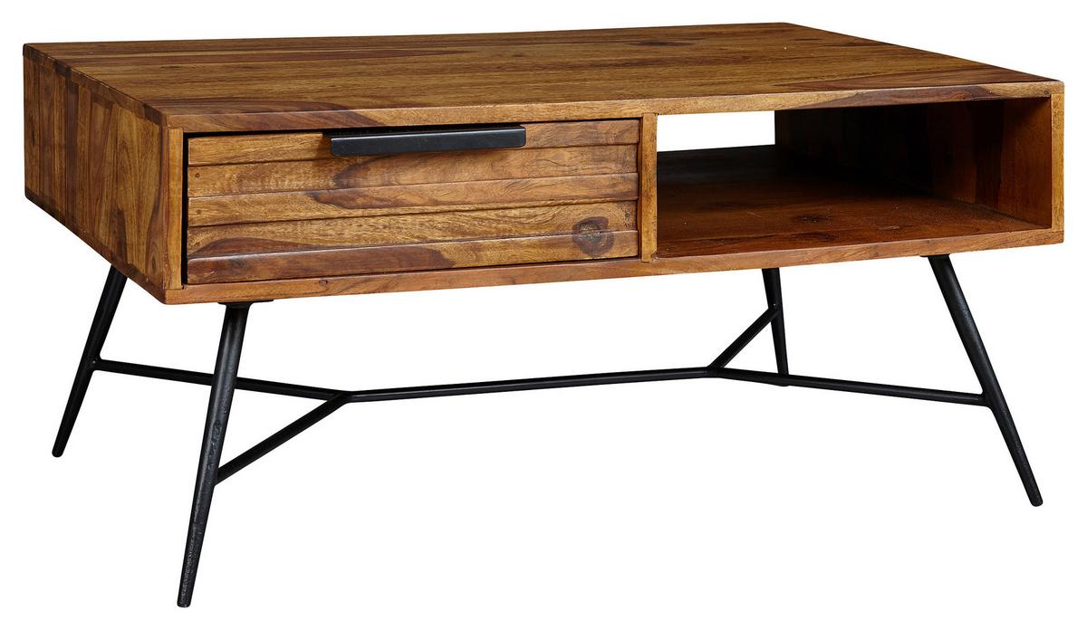 Couchtisch Holz Mit Schublade + Fach Nishan, Sheesham - Sheeshamfarben/Schwarz, Design, Holz/Metall (87/41/55cm) - MID.YOU