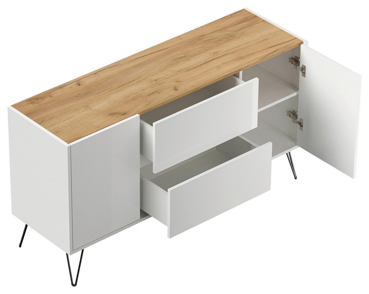 Sideboard Posseik Industrial Weiß/Eichefarben B: 139 cm - Weiß Hochglanz/Eichefarben, Design, Holzwerkstoff (139/75,8/42cm) - MID.YOU