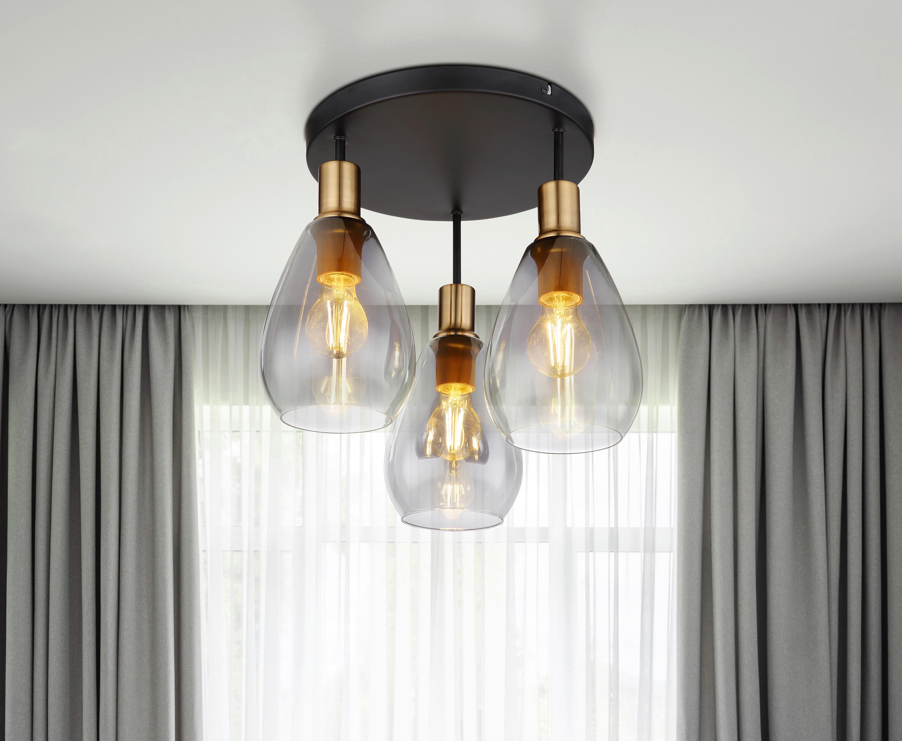 Deckenleuchte Ø 38 cm 3-Flammig mit Rauchglas - Messingfarben/Schwarz, Design, Glas/Metall (38/38cm) - Globo