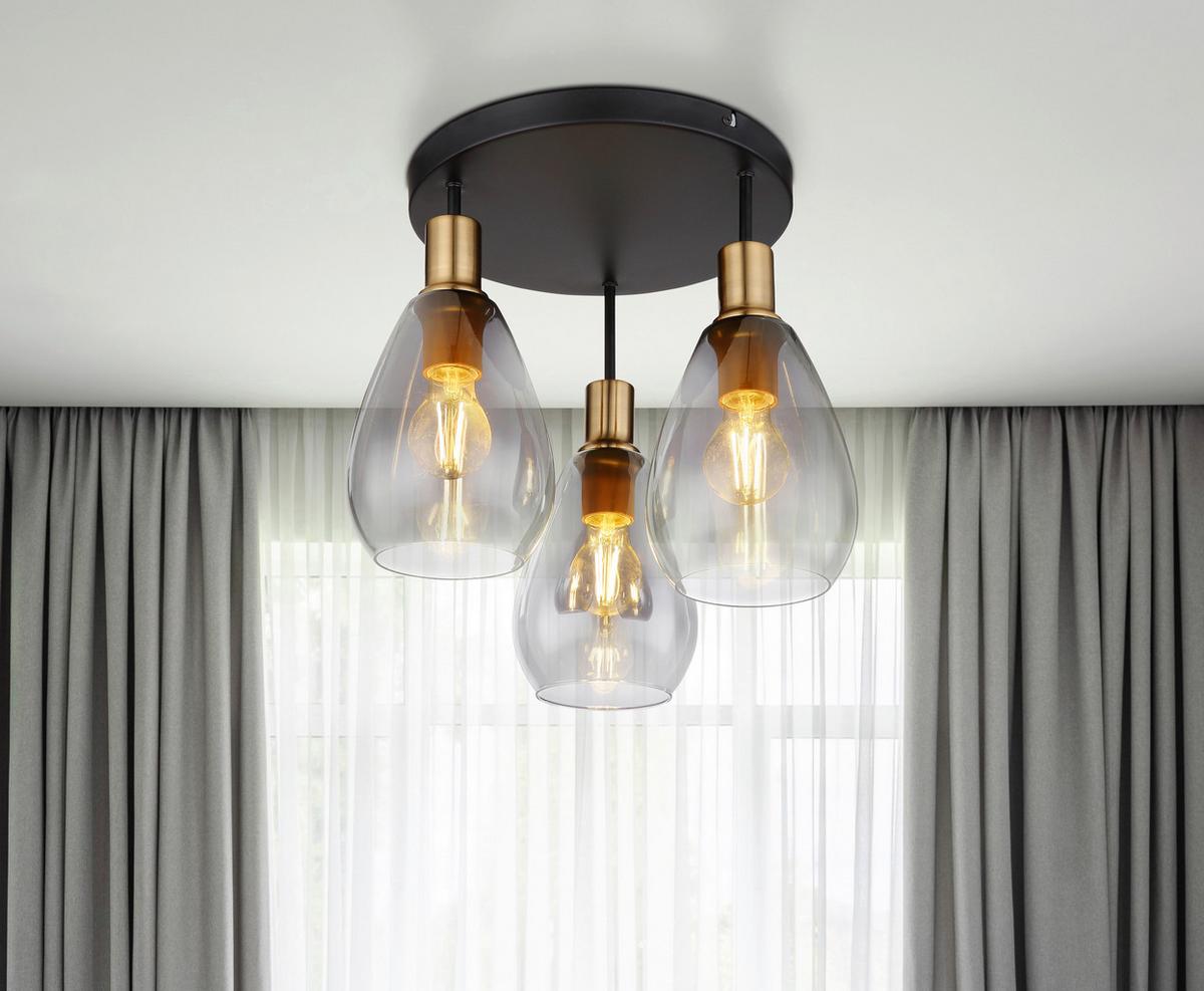 Deckenleuchte Ø 38 cm 3-Flammig mit Rauchglas - Messingfarben/Schwarz, Design, Glas/Metall (38/38cm) - Globo