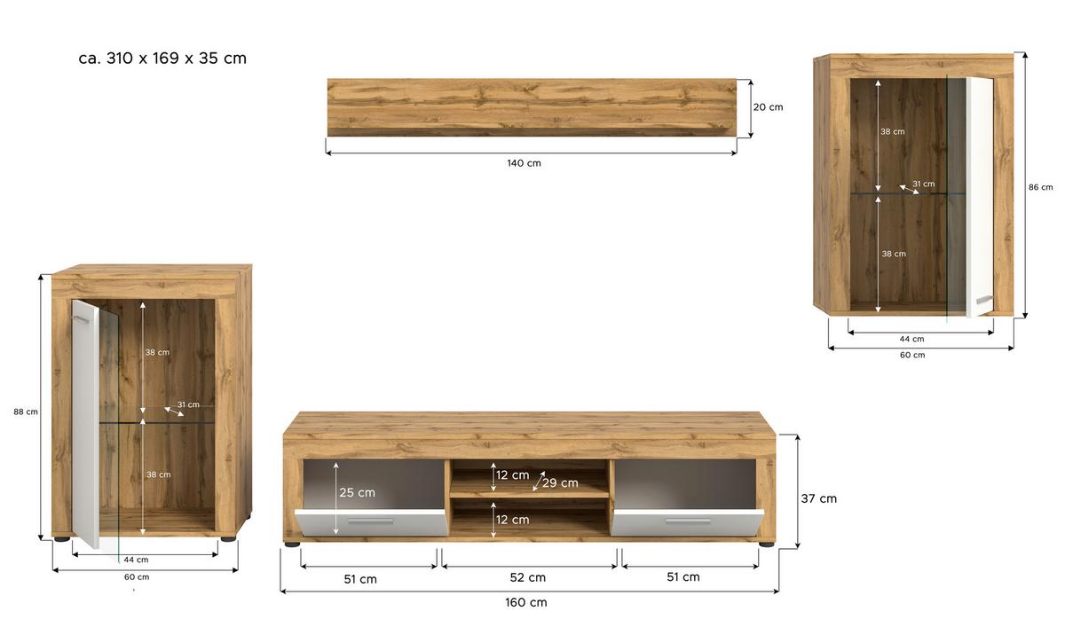 Wohnwand Jam Eiche Wotan Dekor B: 310cm - Silberfarben/Eiche Wotan, Design, Glas/Holzwerkstoff (310/169/35cm) - MID.YOU