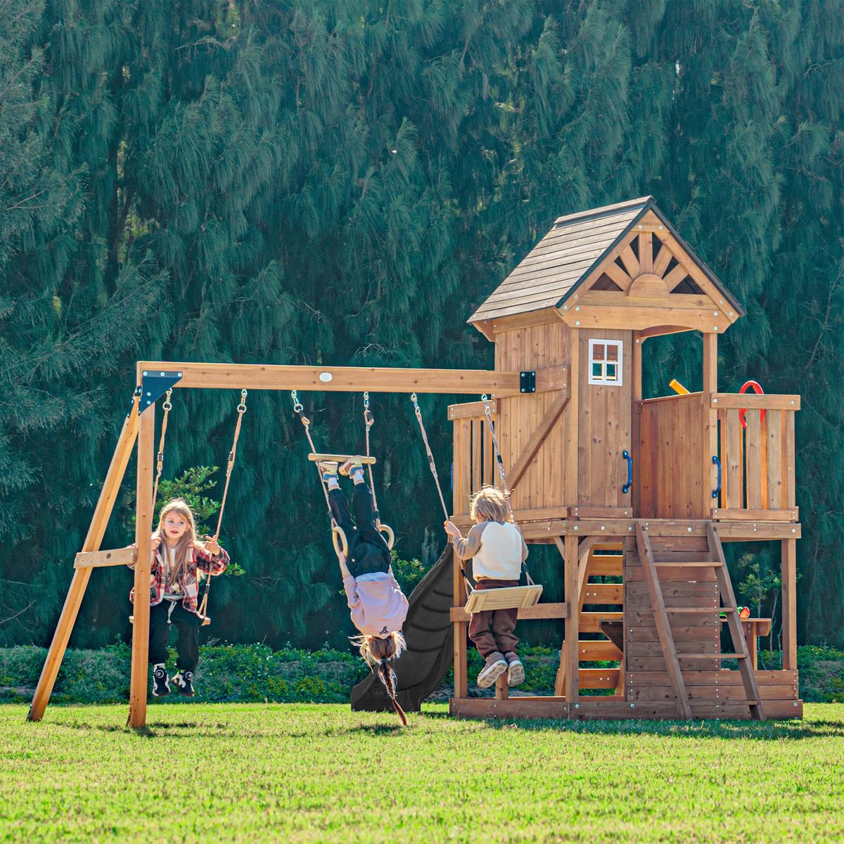 Spielturm mit Rutsche Grau - Anthrazit/Braun, Basics, Holz/Kunststoff (435/410/305cm) - Ambia Garden