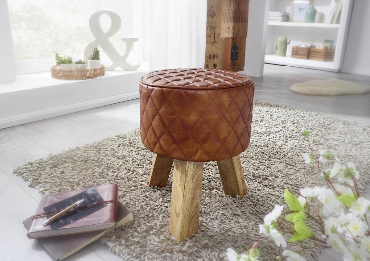 Taburetka Hocker pravá koža - hnedá/prírodná farba, Modern, koža/drevo (35/46/35cm) - MID.YOU