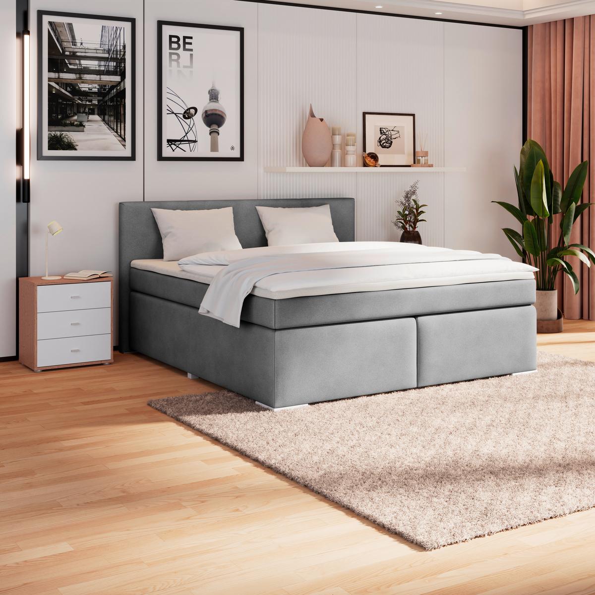 Boxspringbett Mira Boucle Dunkelgrau,lf:160x200cm - Dunkelgrau/Perlmutt, KONVENTIONELL, Holz/Textil (160/200cm)