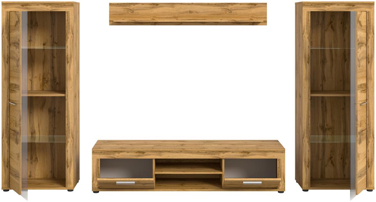 Wohnwand Jam Eiche Wotan Dekor B: 310cm - Eiche Wotan/Schwarz, Design, Glas/Holzwerkstoff (310/159/35cm) - MID.YOU