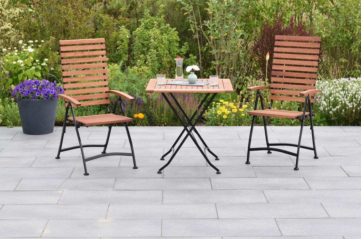 Gartentischgruppe 3tlg. Set - Graphitfarben/Naturfarben, KONVENTIONELL, Holz/Metall - Gardenson