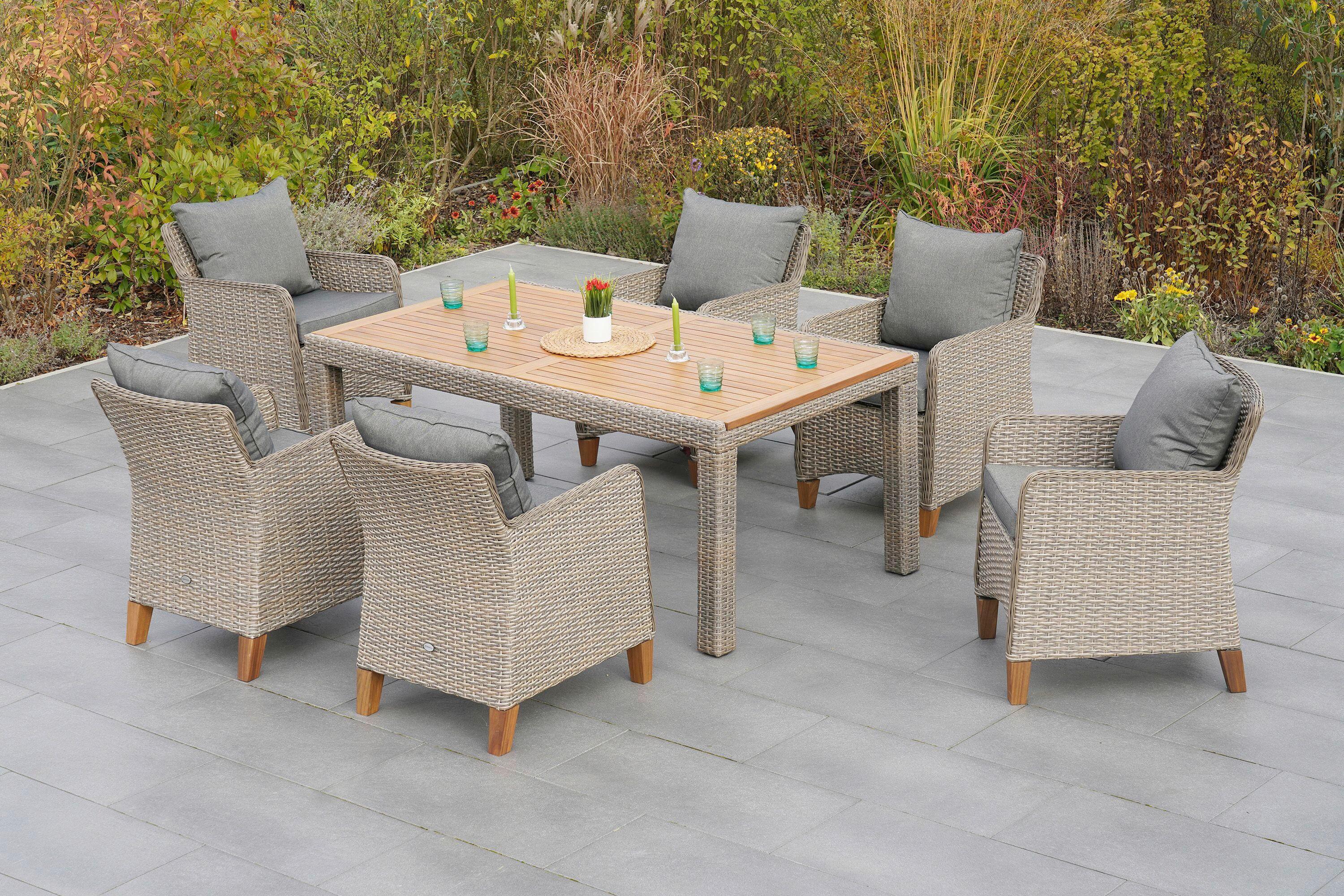 Gartentischgruppe Avellino 7--Teilig. Aus Akazie - Beige/Beigebraun, KONVENTIONELL, Holz/Kunststoff - Gardenson