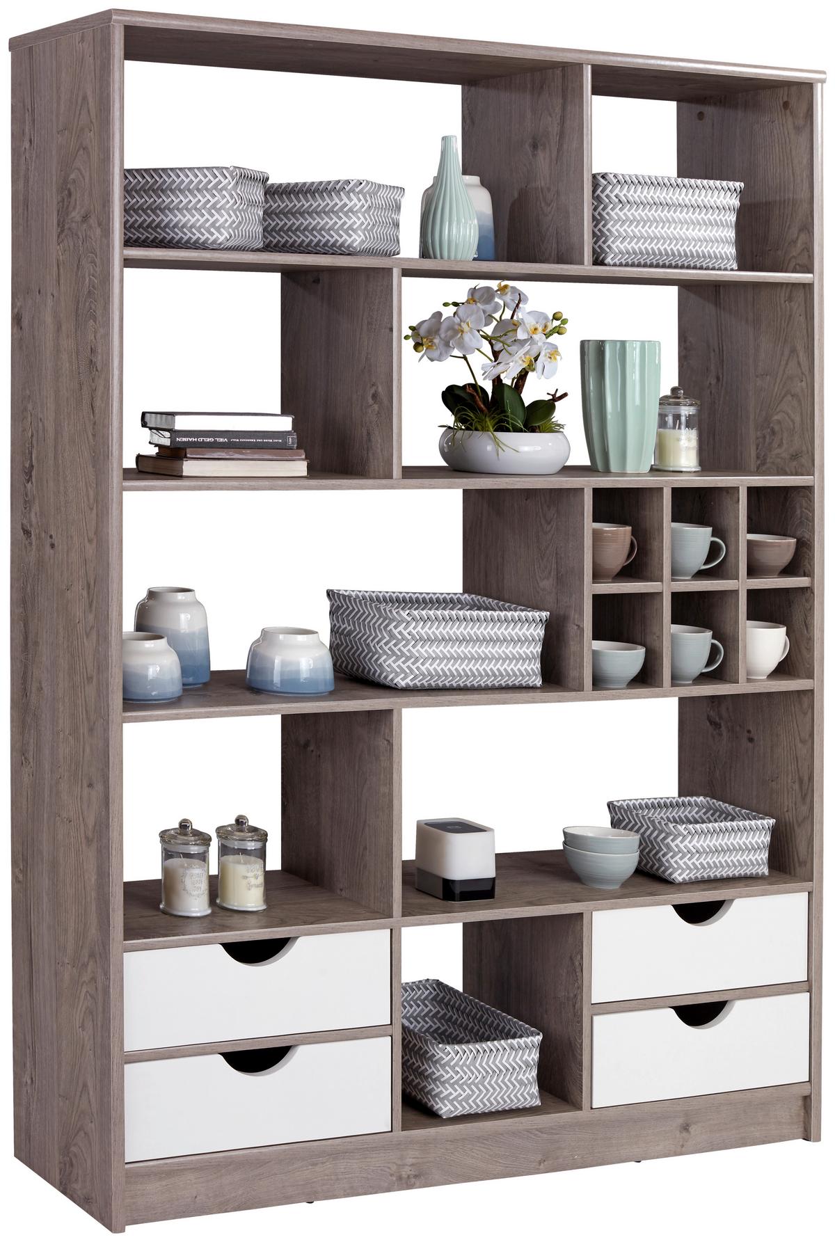 Regal mit Laden Meggy B 140cm, Ribbeck Eiche Dekor - Eiche grau, MODERN, Holz (140/184/32cm)