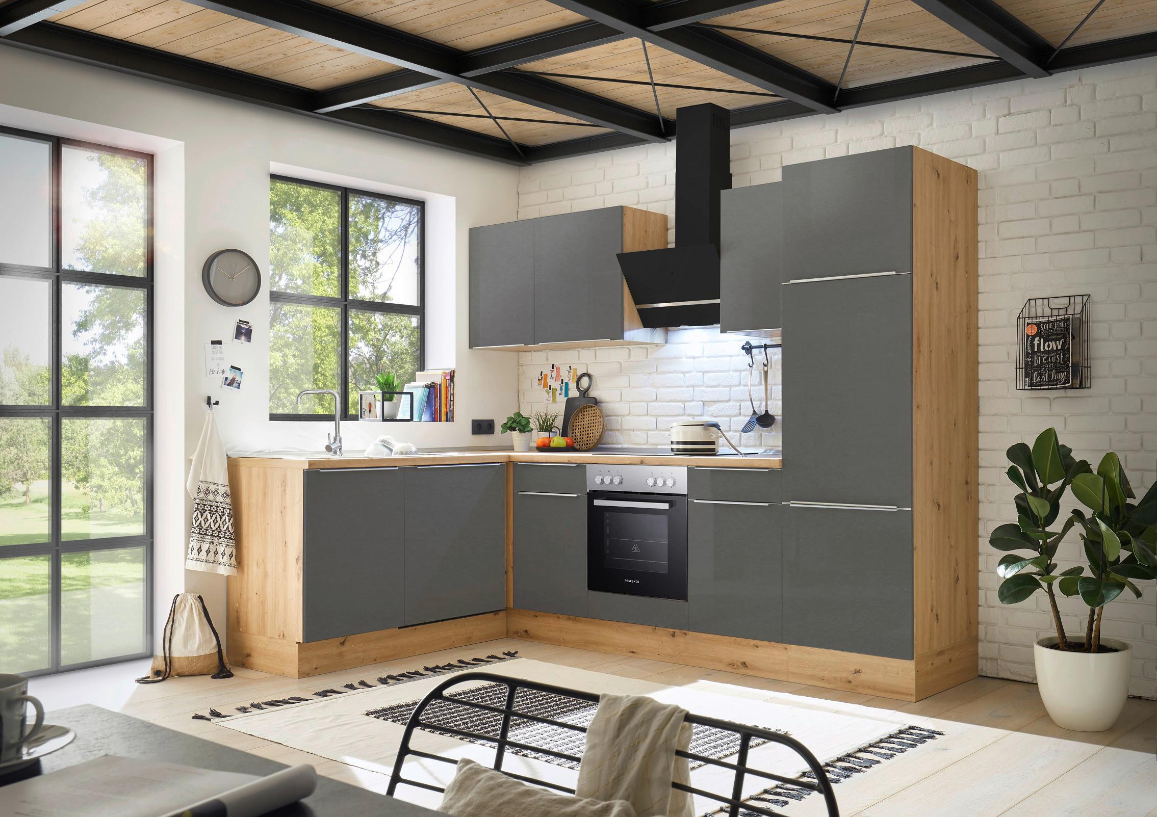 Eckküche mit Geräten 280x170 cm Grau/Eiche Dekor, Modern - Anthrazit/Eiche Artisan, LIFESTYLE, Holzwerkstoff (280/170cm) - Respekta