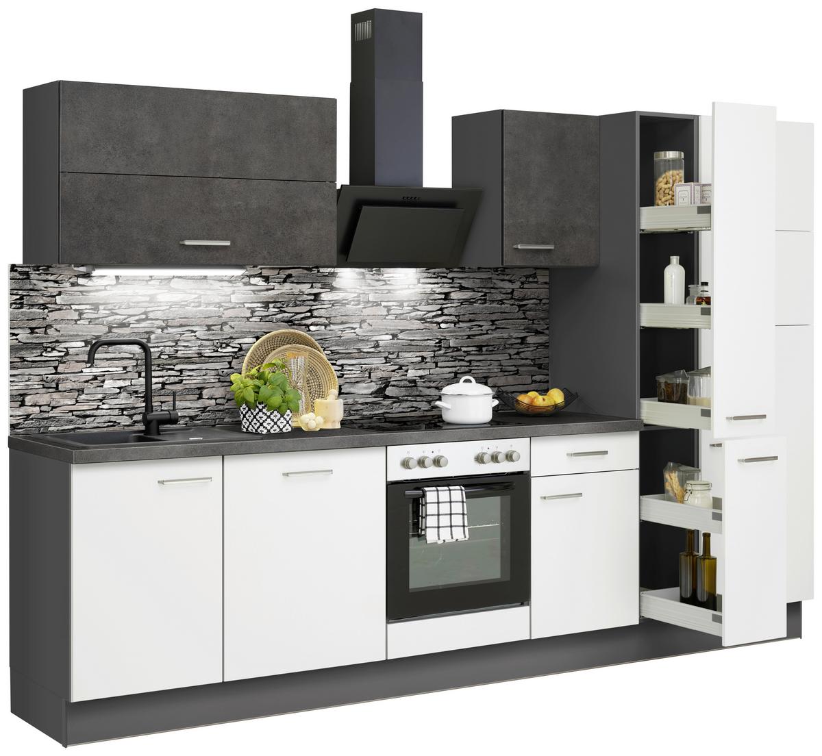 Küchenzeile Ip1200 mit Geräten B: 310 cm Weiß/Grafit - Graphitfarben, Basics, Holzwerkstoff (310cm) - Impuls